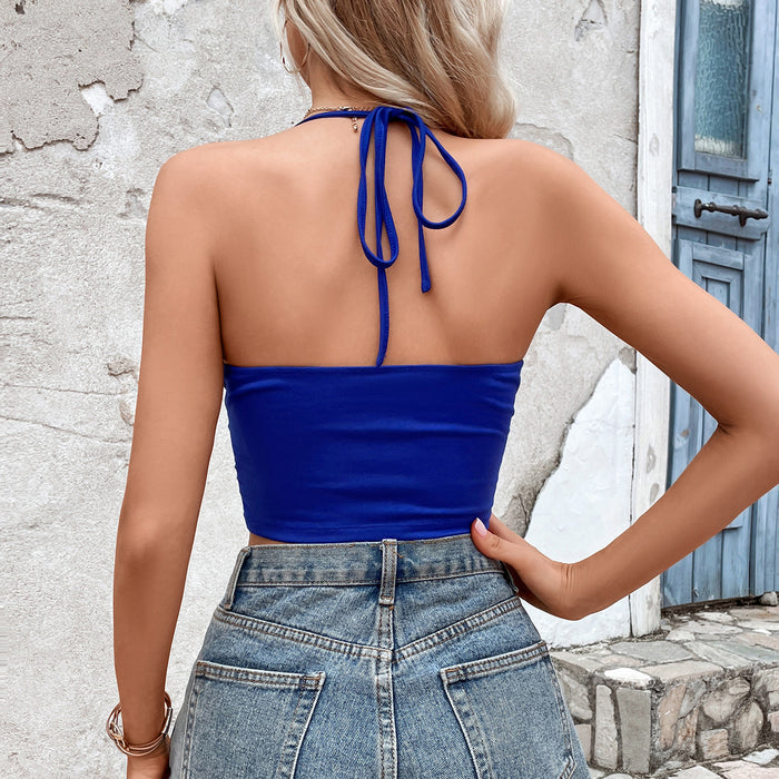 Summer Women Clothing Sexy Short Cropped Metal Chain Lace Up Halterneck Camisole