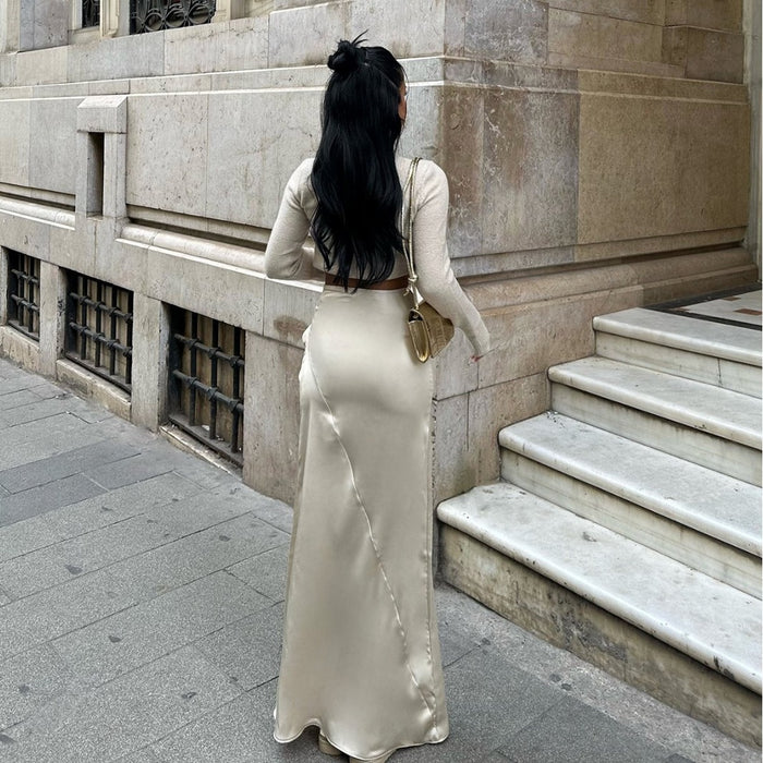 Socialite Autumn Winter High-Grade Solid Color Slim Fit Maxi Dress Irregular Asymmetric Drape Flab Hiding Skirt