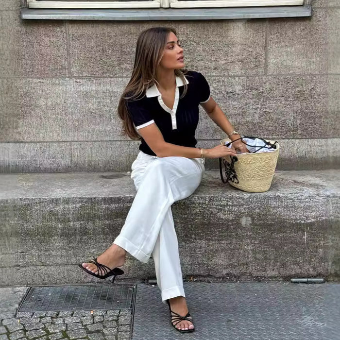 Summer Women Clothing Polo Collar V neck Slimming Color Contrast Patchwork Knitted Top for Women