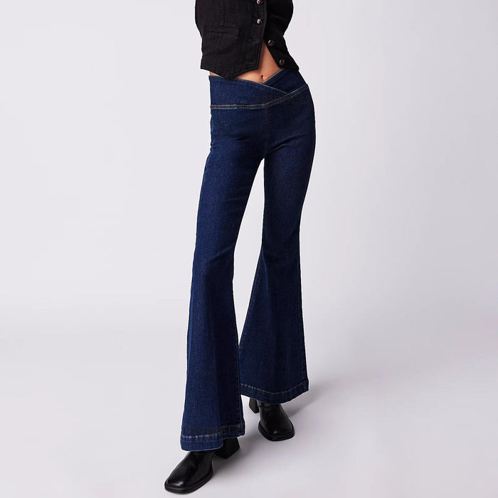 Spring Autumn Irregular Asymmetric Jeans Women High Waist Slim Slim Flare Pants Trousers