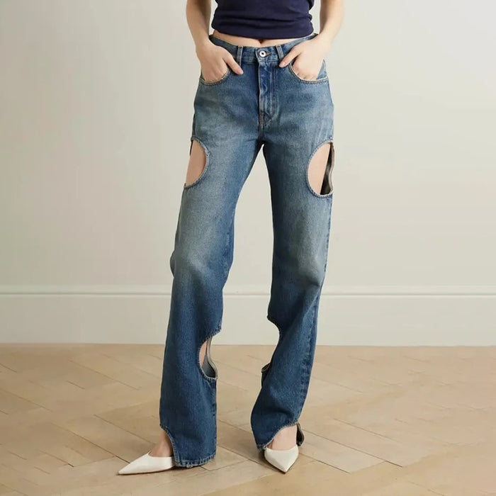 Casual High Sense Straight Leg Pants Spring High Waist Hollow Out Cutout Design Women Jeans