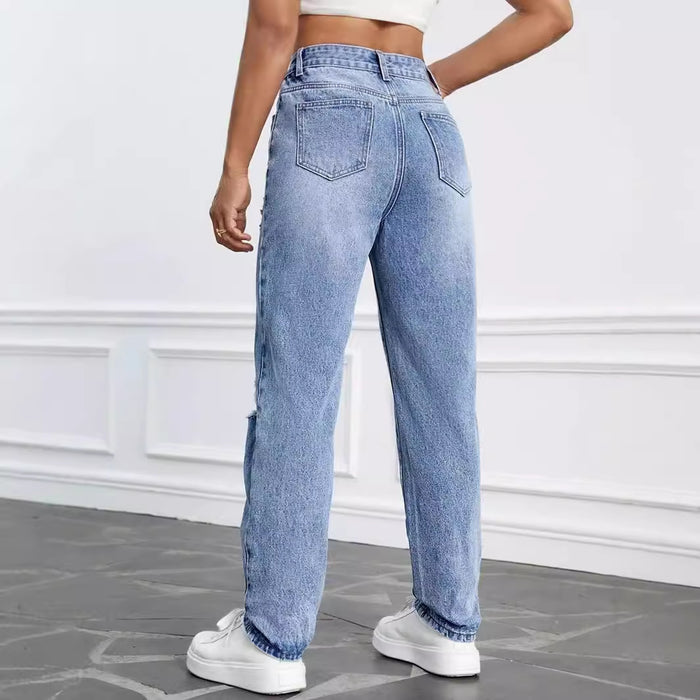 Women Clothing Jeans High Waist Loose Hole Straight Leg Pants