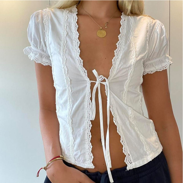 Women Lace Shirt Summer Lace Top Lace Up Cropped Solid Color Cardigan Top