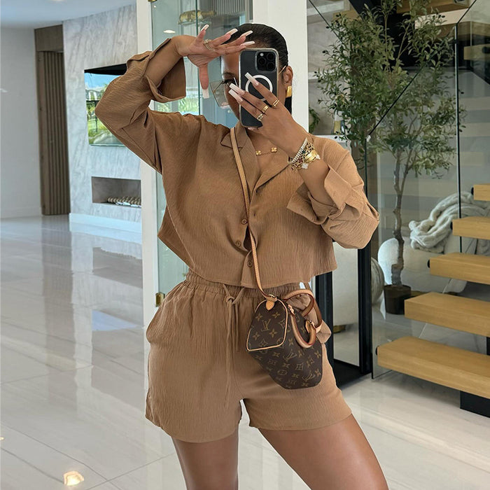 Women Clothing Summer Sweet Fresh Suit Collar Long Sleeve Shirt High Waist Drawstring Shorts Casual Suit