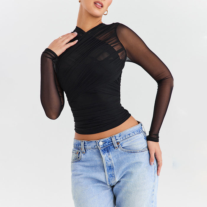 Sexy Mesh Stitching Zipper See through Long Sleeve Short Top