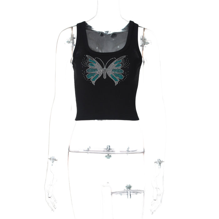 Women Wear Summer Rhinestone Slim Fit Cropped Sleeveless Vest Top for Women