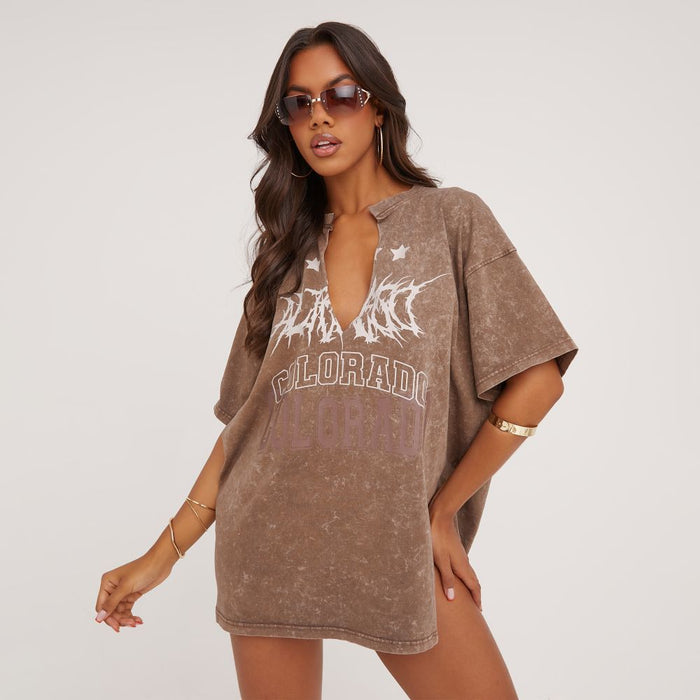 Sexy Deep V Plunge Sexy Worn Looking Washed out Casual Short Sleeve Loose Letter Graphic Print Slit Hemline at Hem Mid Length T shirt