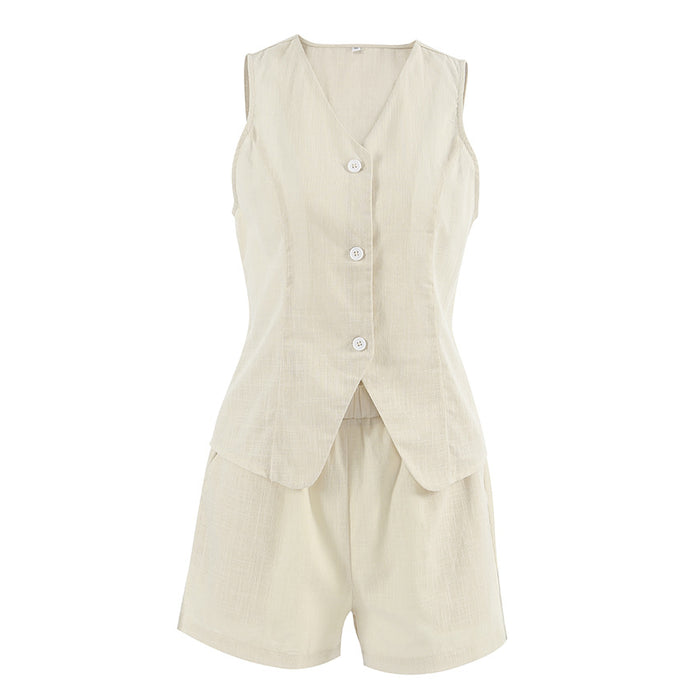 Cotton Linen Office Casual Sleeveless Vest Shorts Summer Khaki Women Two Piece Set