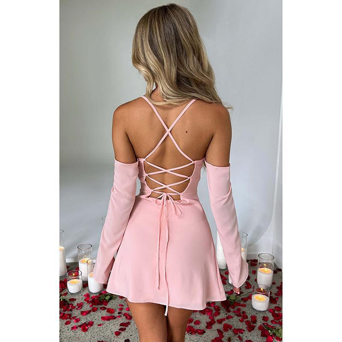 Summer Sexy Sexy Slim Fit Halter Spaghetti Straps Oversleeve Backless Lace up A line Dress for Women