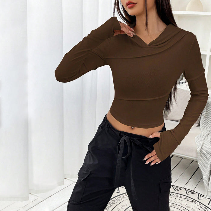 Street V Neck Sweatshirt Fall Winter Slim Bottoming Hooded Top Women