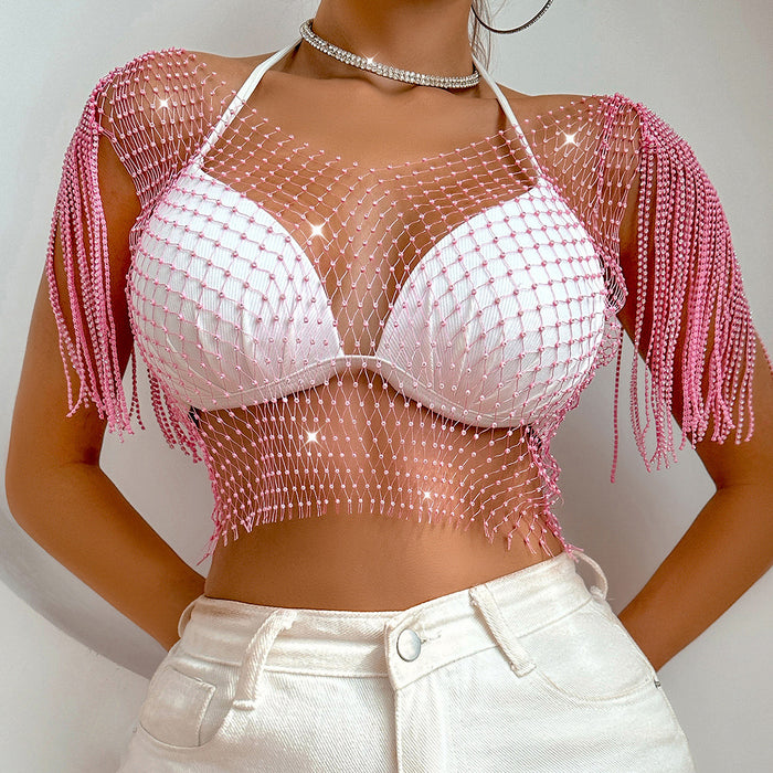 Rhinestone Sexy Fishnet Top Summer Net Drill Rhinestone Women Clothing Short Sleeve Vest