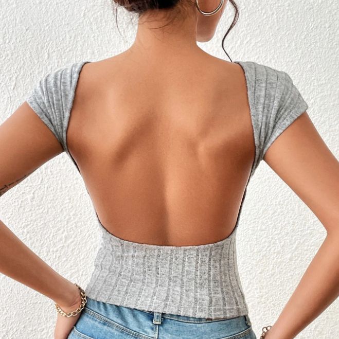 Summer Sexy Slim Fit Backless Short Top Wide Stripe Fleece Short Sleeve T Shirt Women