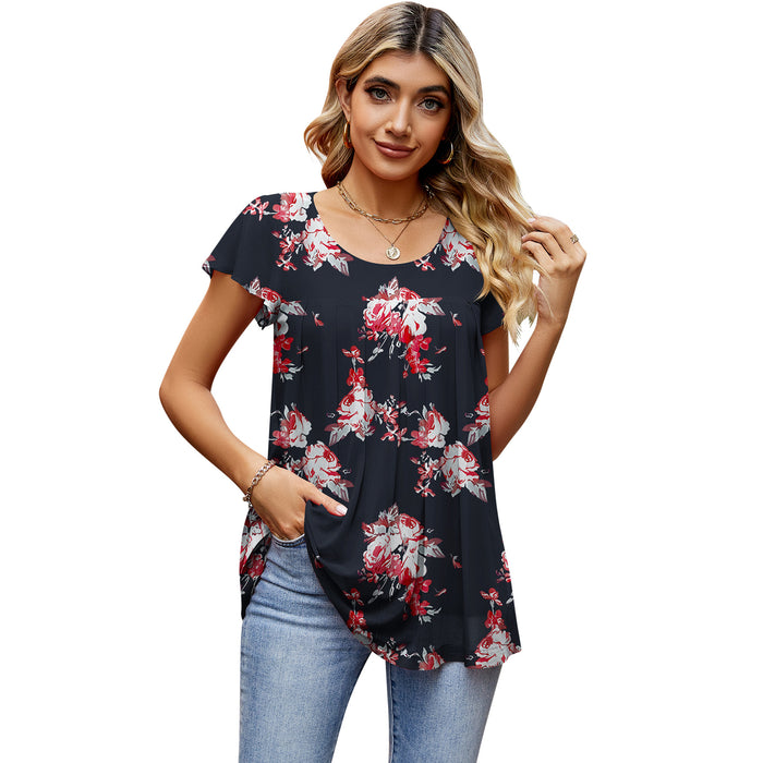 Spring Summer Women Clothing Breathable Elegant Mesh Floral Print Short Sleeved Shirt With Lining T Shirt