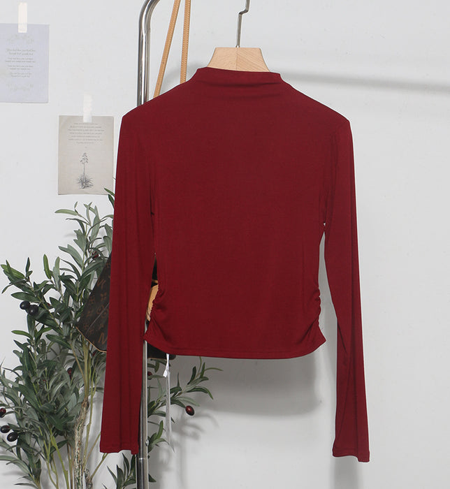 Autumn Winter Basic Stretch Slim Bottoming Shirt Long Sleeve Half Turtleneck T Shirt Pleated Short Top