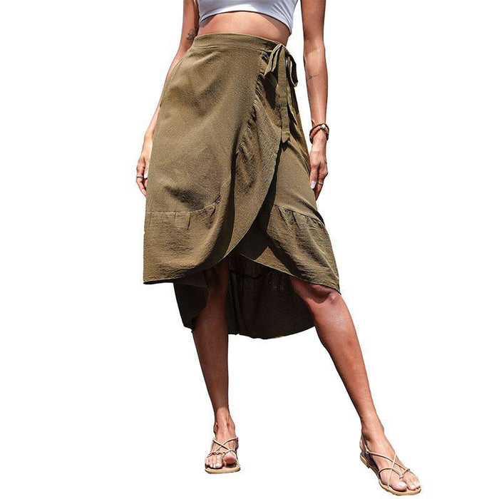 Summer Skirt Women Ruffled Solid Color Cotton Linen Skirt