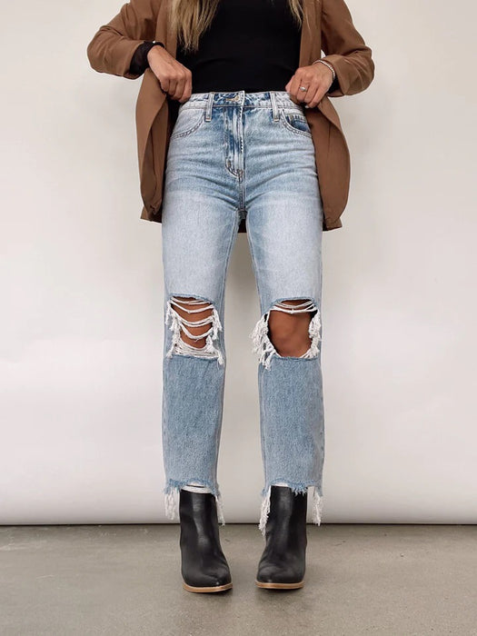 Women Retro High Waist Ripped Straight Jeans