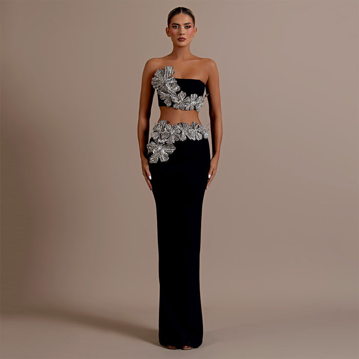 Floral Rhinestone Embedded Bandage Suit Sexy Tube Top Long Skirt Two Piece Set