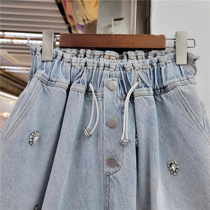 Spring Summer Exquisite Rhinestone Beaded High Waist Slimming Wide Leg Denim Shorts Women Pants