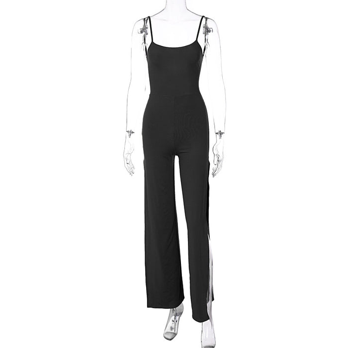 Women Clothing Summer Solid Color Split Trousers Backless Suspender Jumpsuit