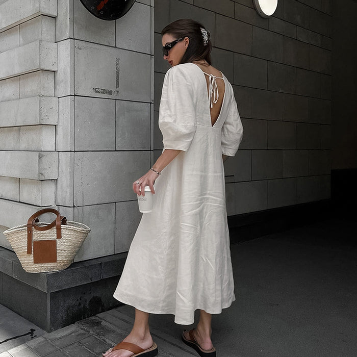 French Young Beige Cotton Linen Puff Sleeve Dress Women Summer Backless Loose V neck Shirt Long Dress