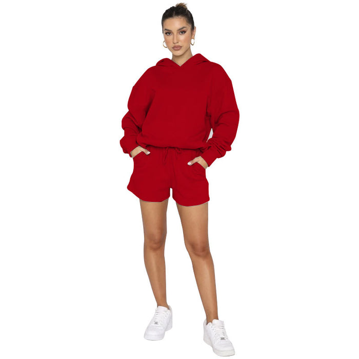 Autumn Winter Solid Color Pullover Hooded Long Sleeves Sweaters Women Clothing Casual Shorts Suit