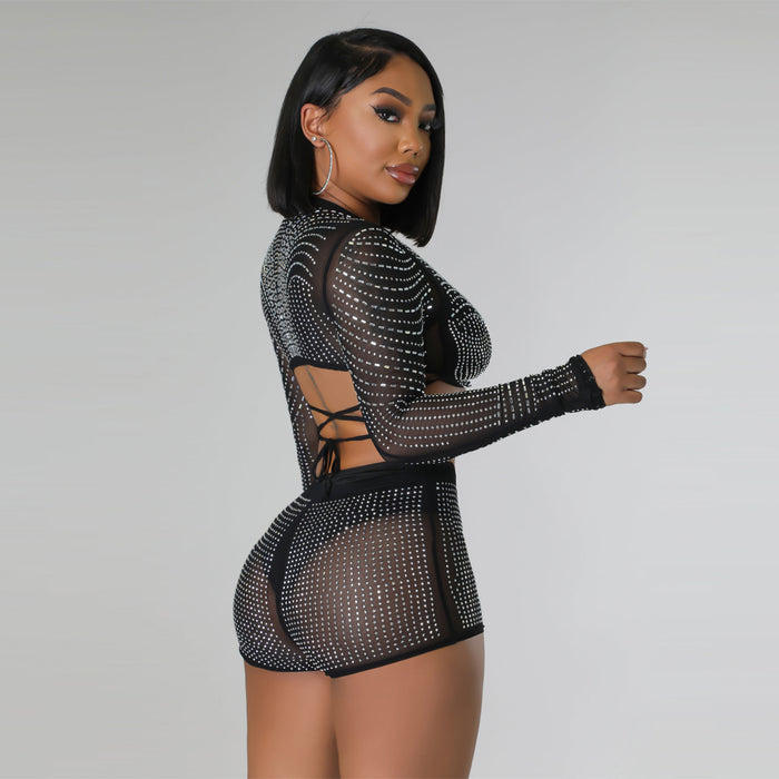 Long Sleeve Shorts Set Rhinestone Sheer Mesh Sexy Nightclub Two Piece Set without Underwear