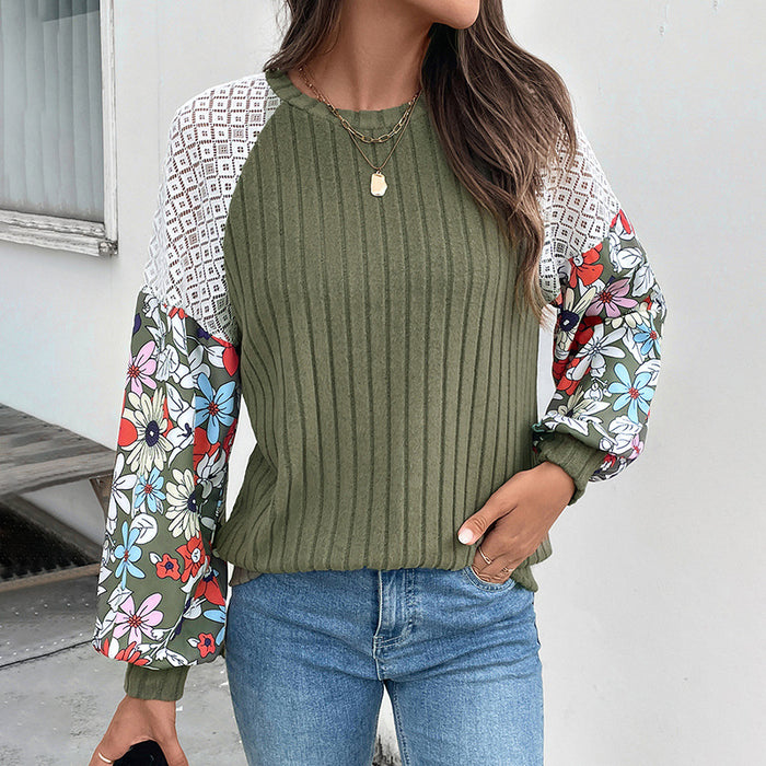 Knitted Top round Neck Floral Print Color Matching Sweater Women