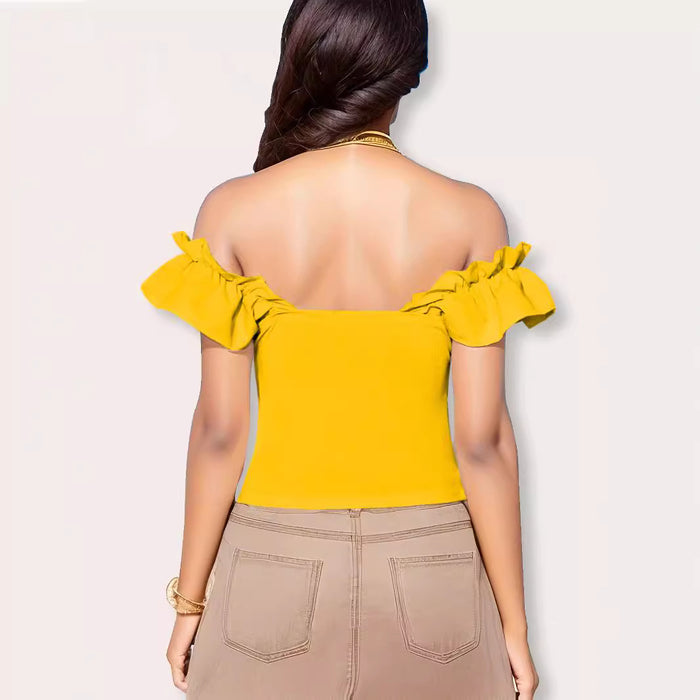 Elegant Women Clothing Solid Color Sexy Off The Shoulder Ruffled Decorative Top