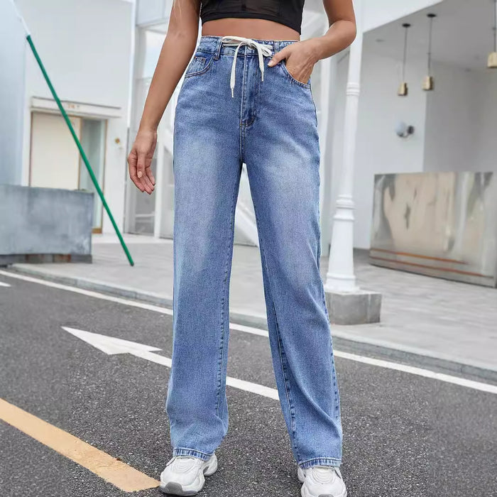 Women Clothing Lace up Straight Loose High Waist Jeans Trousers