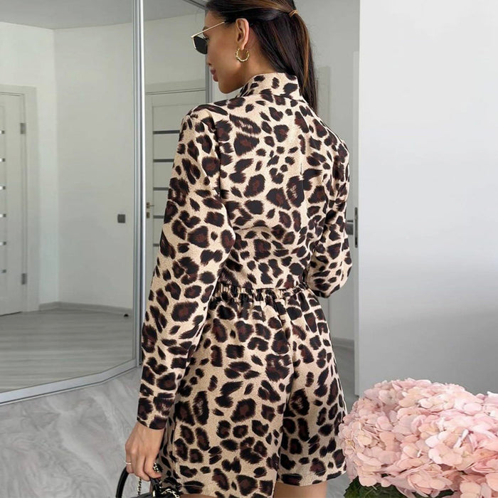 Summer Women Leopard Print Long Sleeve Cardigan Shirt Women Shorts Women Two Piece Set