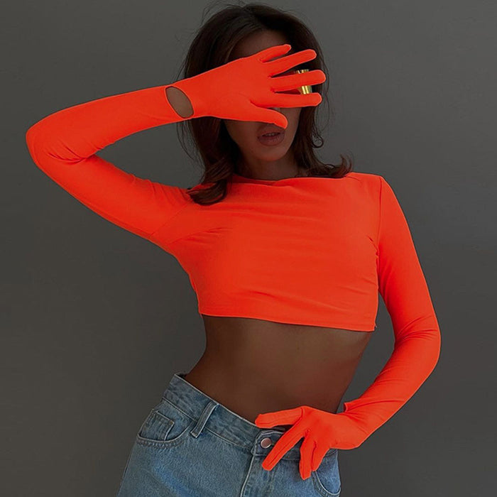 Women Clothing Summer Solid Color Slim Fit Cropped round Neck Long Sleeve Gloves T shirt Top