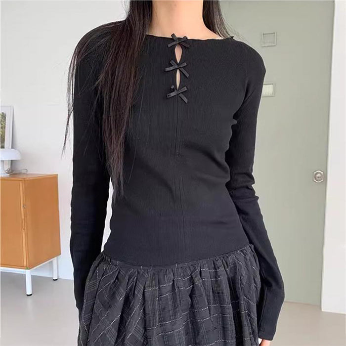 Spring Women Clothing Solid Color Round Neck Hollow Out Cutout Bow Slim Fit Knitted Top Women