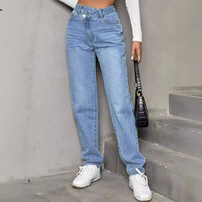 Women Pants Asymmetric High Waist Straight Casual Jeans