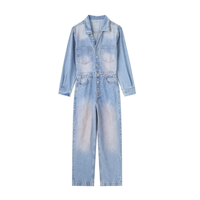 Women Clothing French Pan Pink Washed Denim Jumpsuit