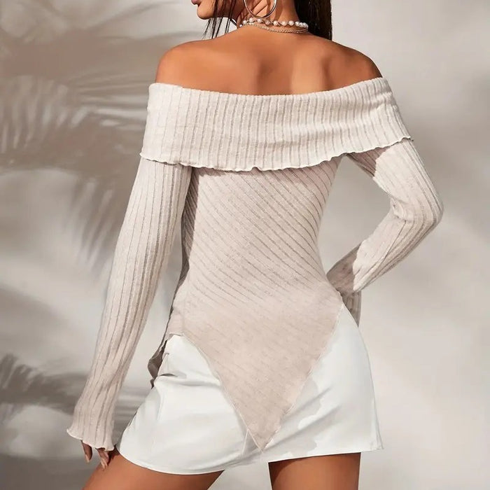 Autumn Winter Women Clothing Solid Color Long Sleeve off Shoulder Irregular Asymmetric Hem Top for Women