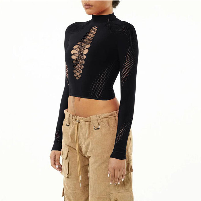 Solid Color Half Collar Sexy Slim Fit High Waist Cropped Hollow Out Cutout Out One Piece Knitted Top