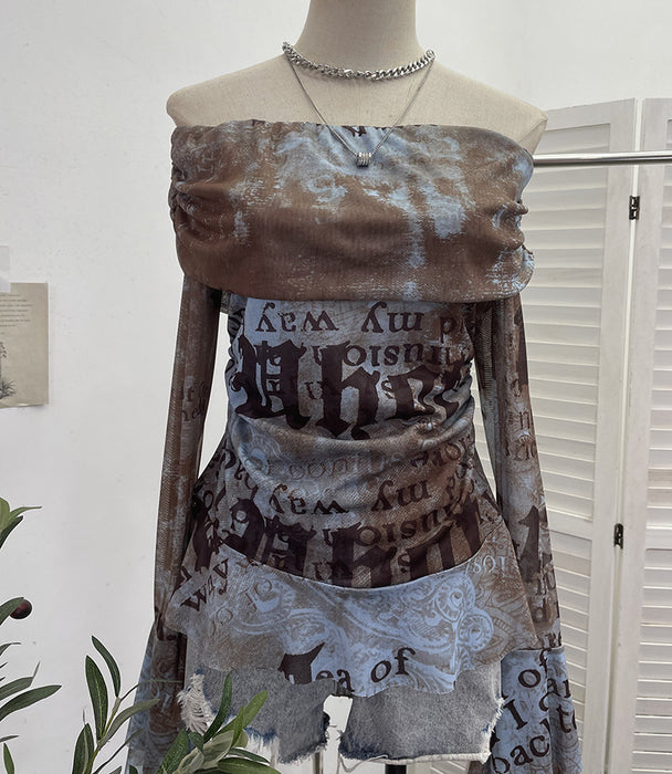 Off Shoulder Ribbon Tie Dyed Printed Mesh Small Shirt Top Sexy Design Pleated Long Sleeve T Shirt