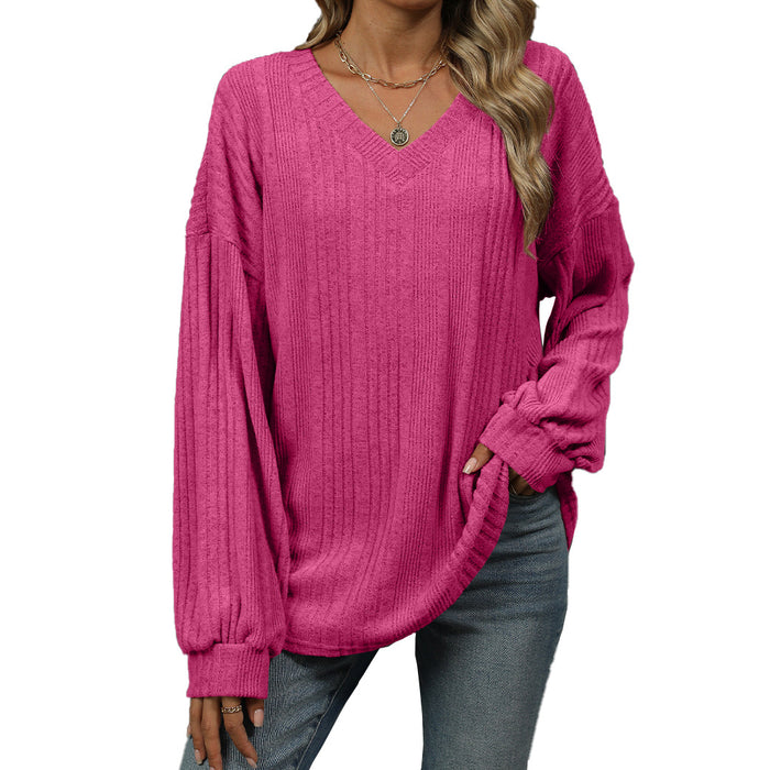 Autumn Winter Solid Color V Neck Loose Long Sleeved T Shirt Top Women