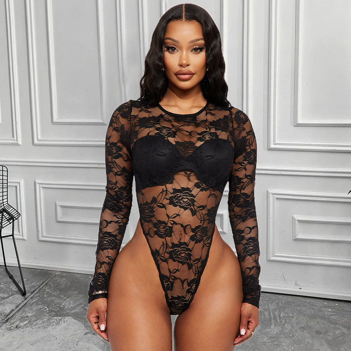 Mesh Lace Women Clothing Hollow Out Cutout round Neck See through Top Culottes Two Piece Set