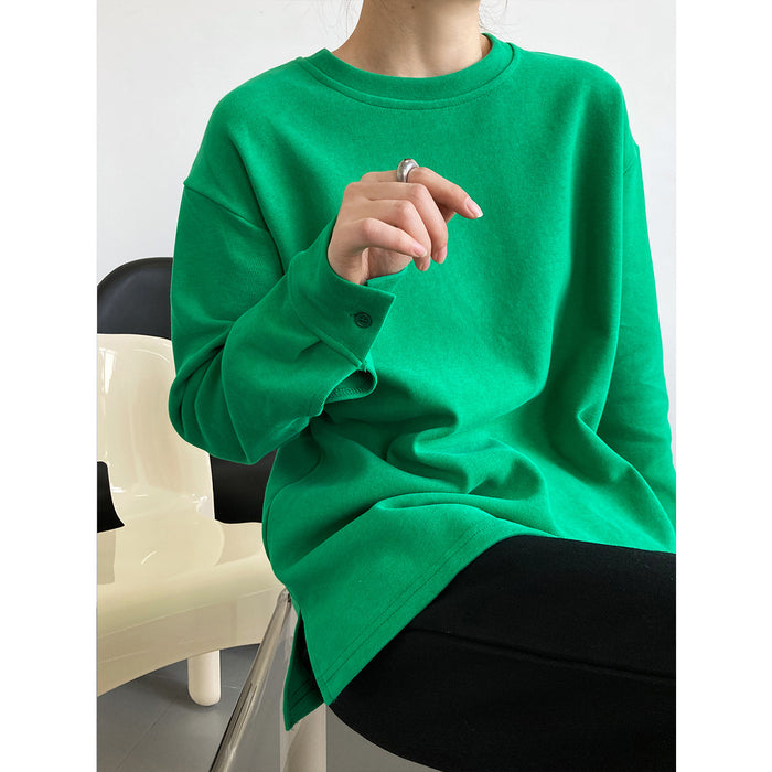 Spring Korean Simple Solid Color Long Sleeved T Shirt Women Loose Casual Brushed Cotton Round Neck Top