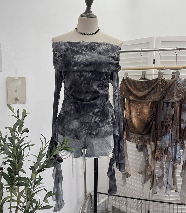 Off Shoulder Ribbon Tie Dyed Printed Mesh Small Shirt Top Sexy Design Pleated Long Sleeve T Shirt