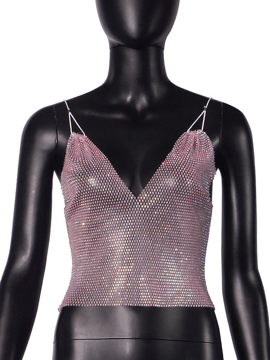 Grid Rhinestone Sexy Suspenders Slim Top Vest Women