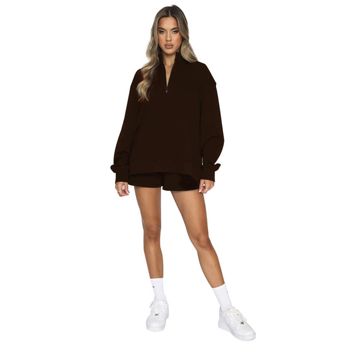 Autumn Winter Solid Color Stand Collar Zipper Pullover Long Sleeve Sweater Women Shorts Set