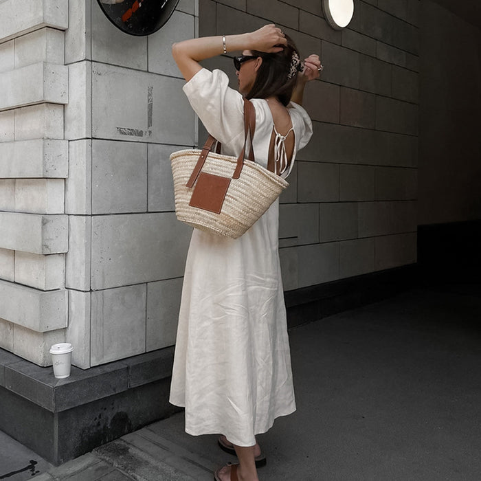 French Young Beige Cotton Linen Puff Sleeve Dress Women Summer Backless Loose V neck Shirt Long Dress