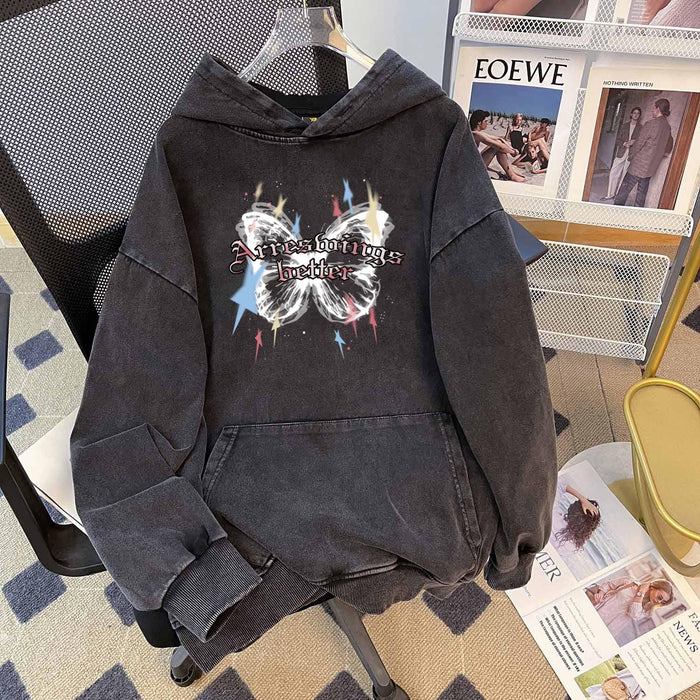 Washed Vintage Pure Cotton Chinese Cotton Composite Batik Top Washed Distressed Butterfly Print Loose Hooded Sweater