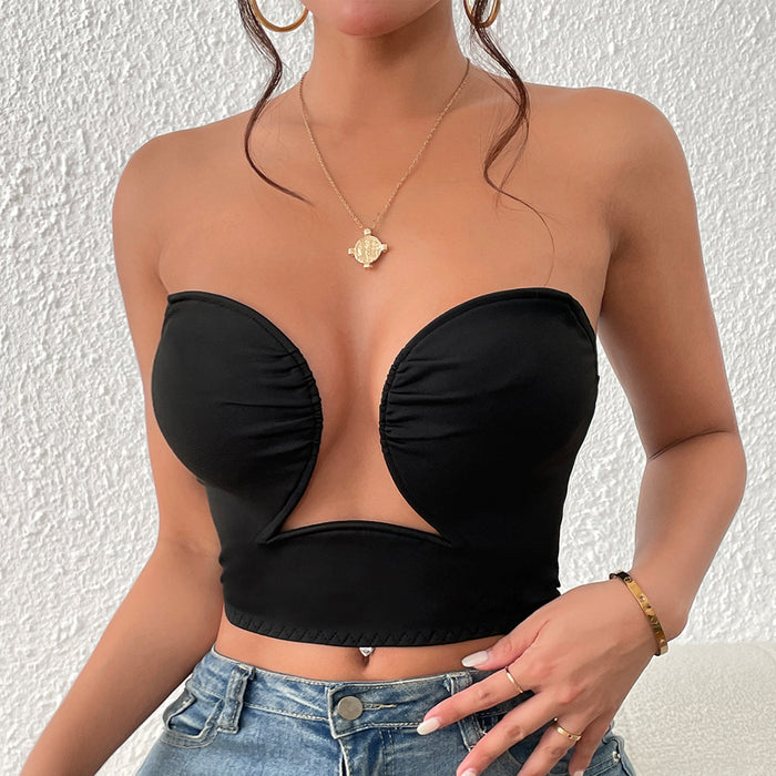 Street Sexy Nightclub Steel Ring Hollow Out Cutout Low Cut Pleated Backless Short Sexy Tube Top