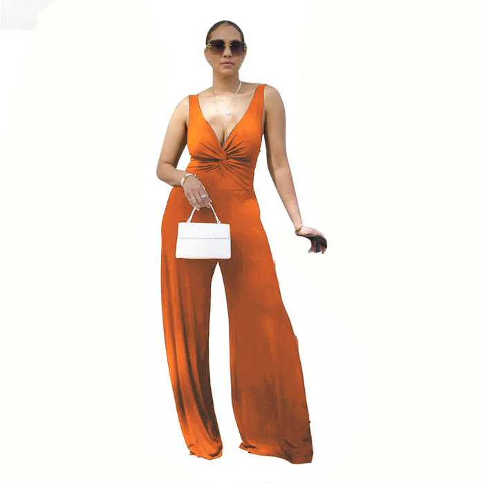 Women Clothing Sexy Deep V Plunge Neck Backless Sleeveless Jumpsuit