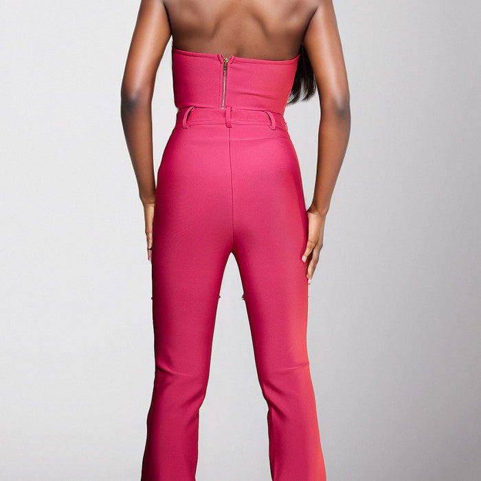 Summer Tube Top Suit High Grade Sexy Rhinestone Hollow Out Cutout Sheath Bandage Trousers Two Piece Set