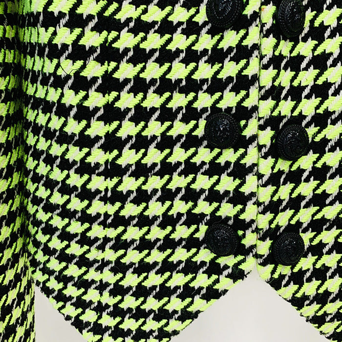 Cool Logo Beaded round Neck Fluorescent Green Houndstooth Woolen Jacket Coat