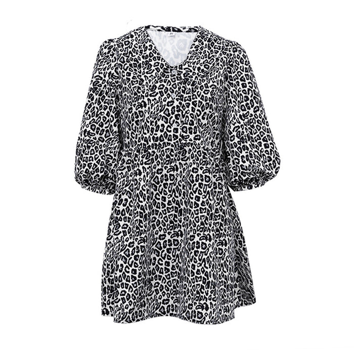 Women Clothing Peter Pan Collar Leopard Print Fashionable Elegant Spring Dress Half Sleeve A line Dress